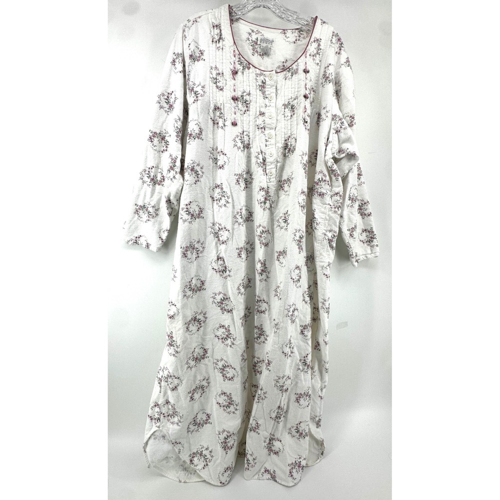 Adonna Woman Nightgown 1X White Floral Cotton Henley Long Sleeve Sleep Dress